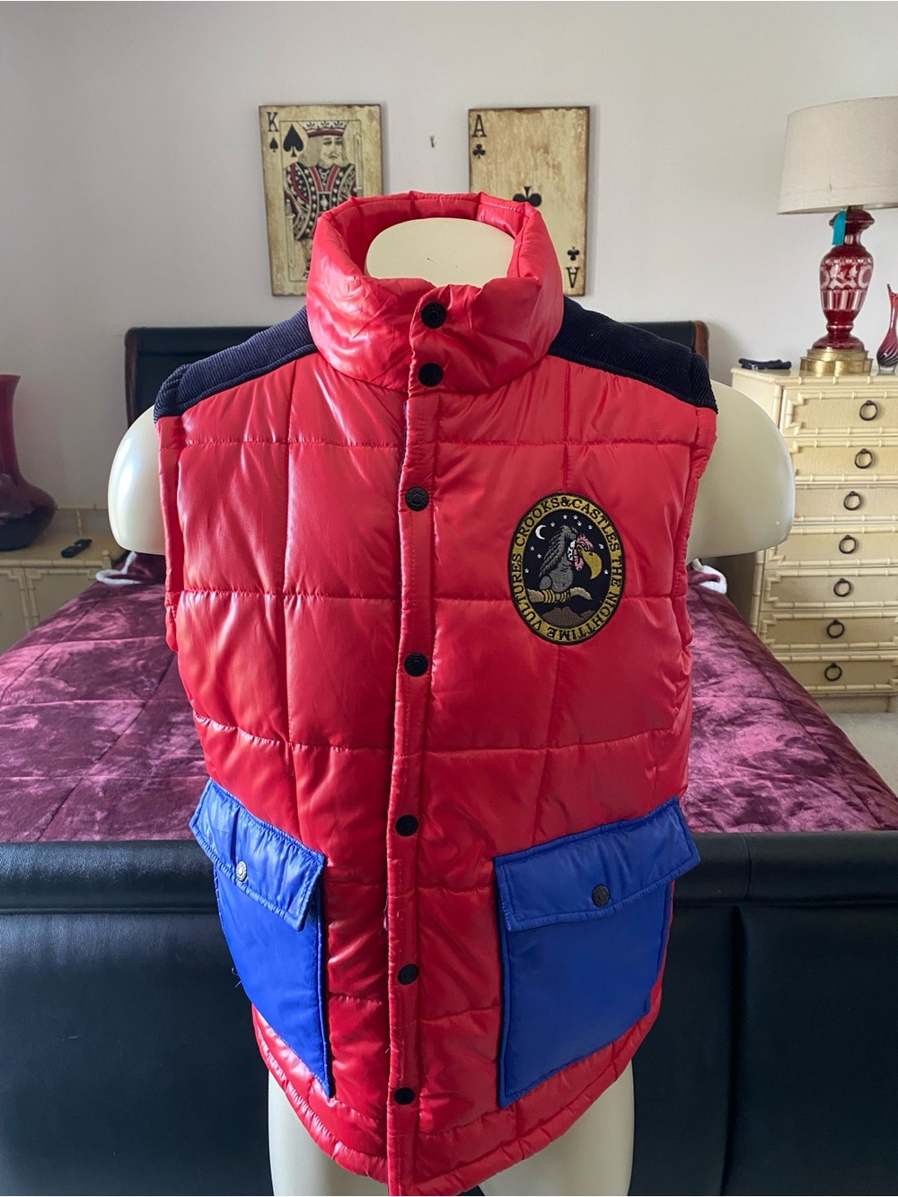Crooks & Castles Red Puffer Vest with Blue Pockets
